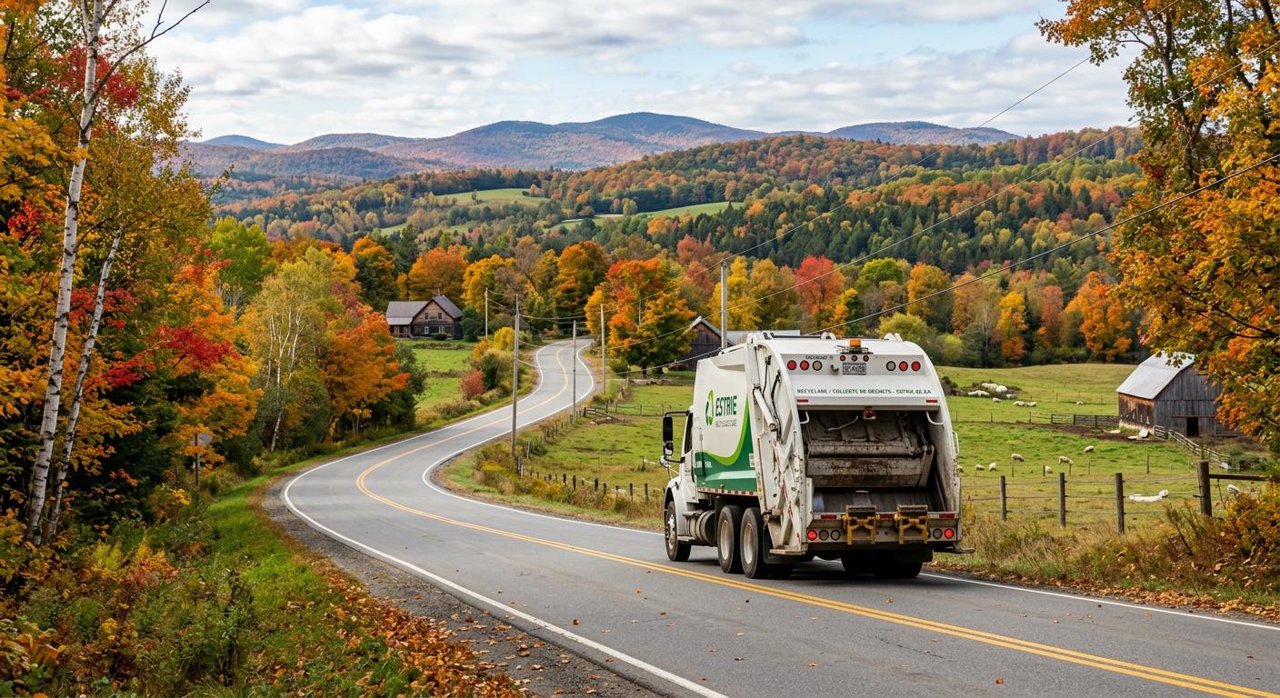 Camion de collecte sur une route rurale de l'Estrie